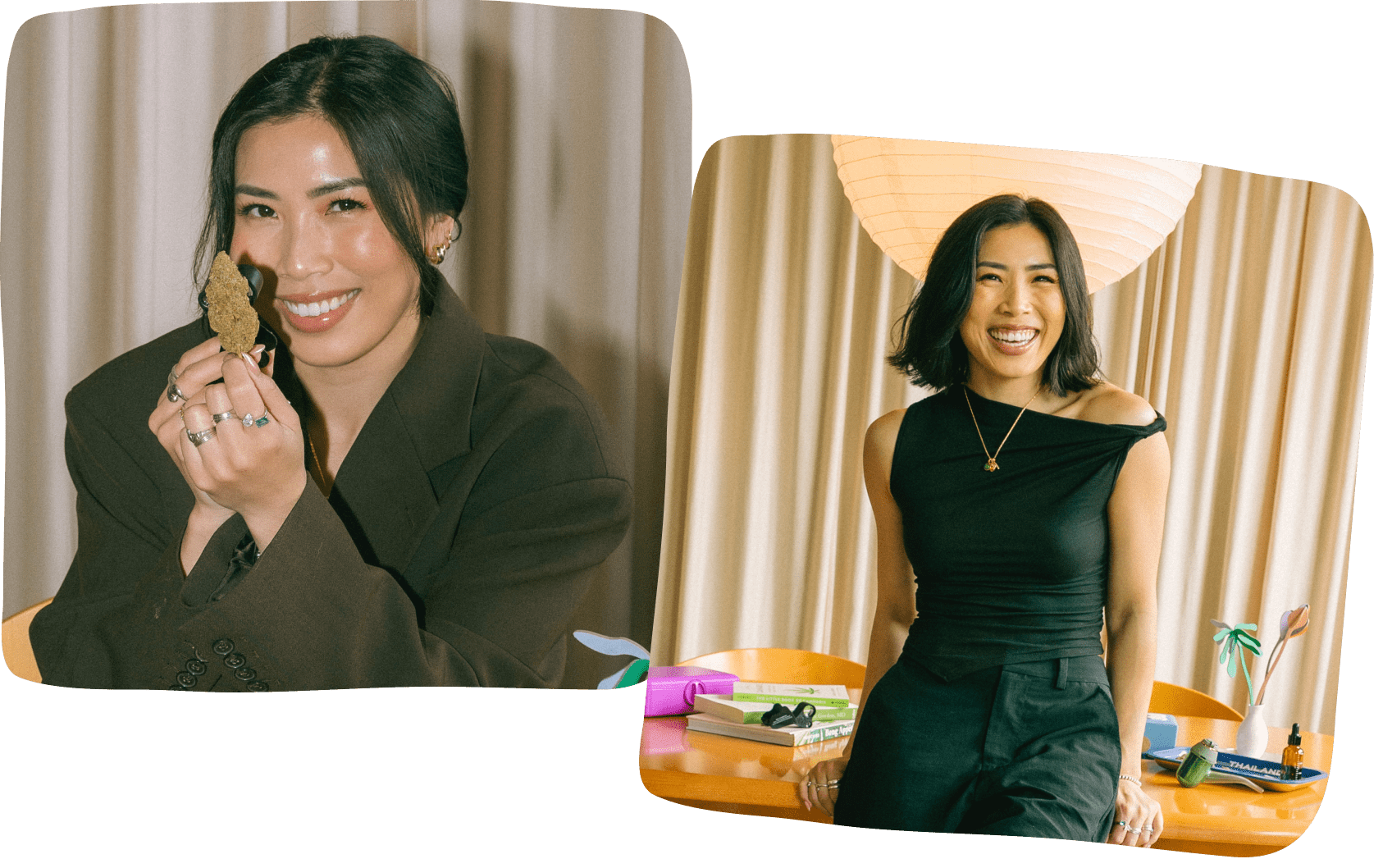 Anna the Cannabinista holding up a large cannabis nugget with a magnifying class held closely to it as she smiles at the camera and Anna the Cannabinista dressed in a black top and black pants, leaning against a large brown wooden desk with her hands behind her holding herself up as she laughs towards the camera.  