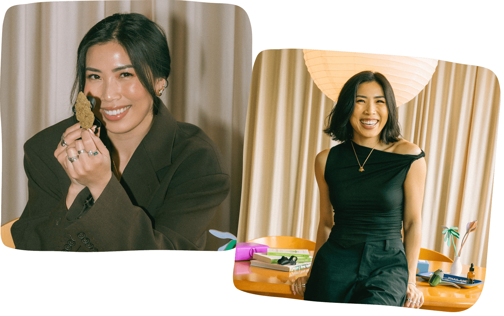 Anna the Cannabinista holding up a large cannabis nugget with a magnifying class held closely to it as she smiles at the camera and Anna the Cannabinista dressed in a black top and black pants, leaning against a large brown wooden desk with her hands behind her holding herself up as she laughs towards the camera.